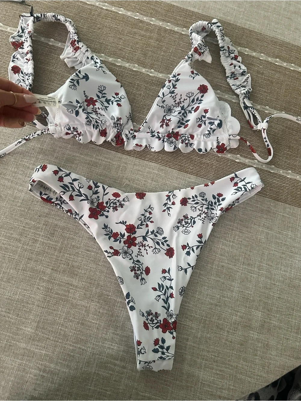 Zaful White Floral Ruffle Triangle Bikini with Red & Green Accents